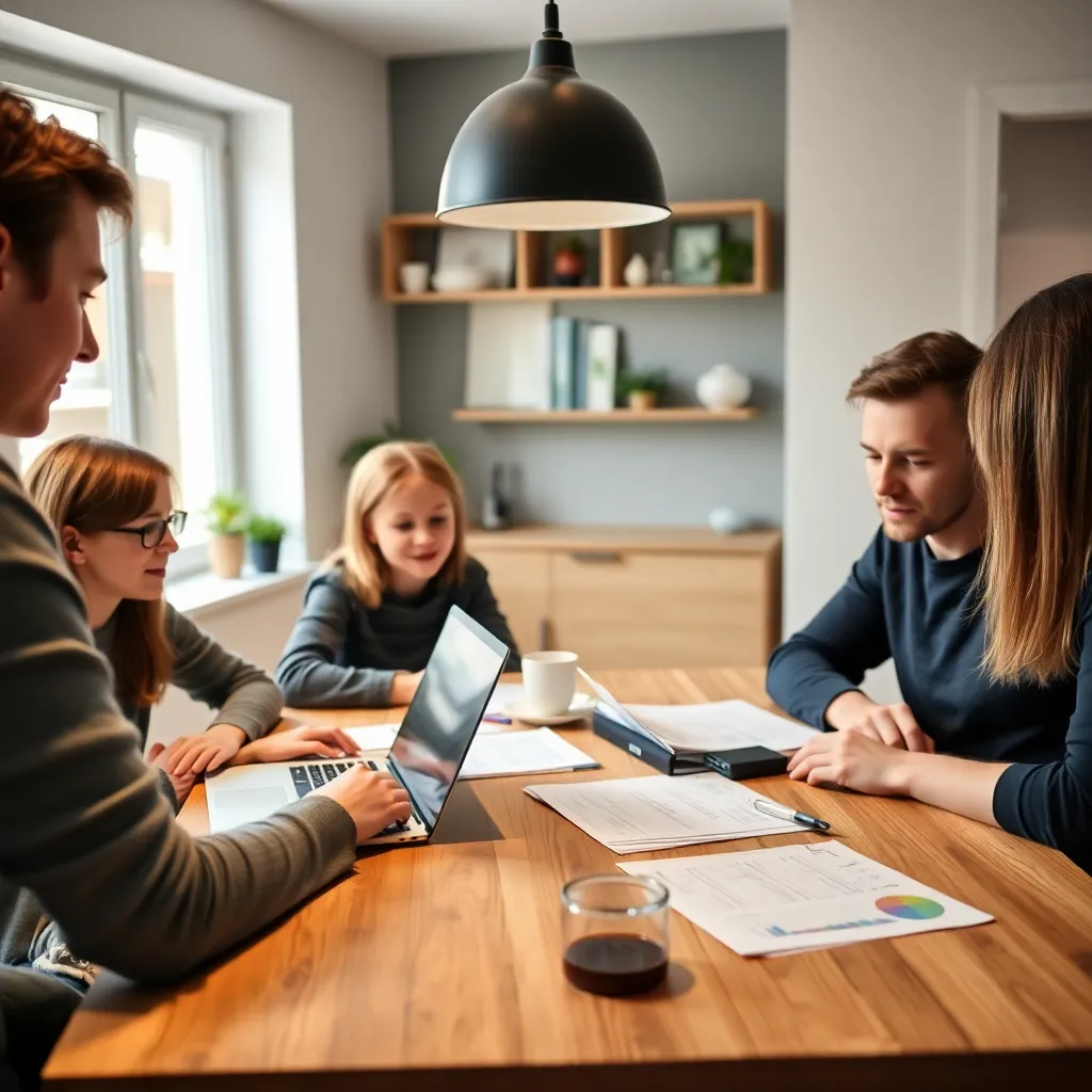 Belgische familie die hun financiën plant aan tafel met laptop en documenten
