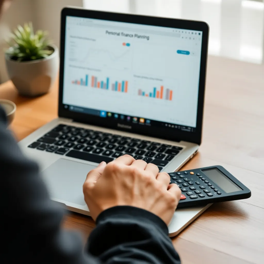 Persoon die financiële tools gebruikt op een laptop