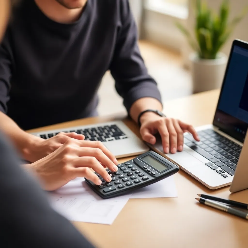 Persoon die budgetplanning doet met laptop en rekenmachine