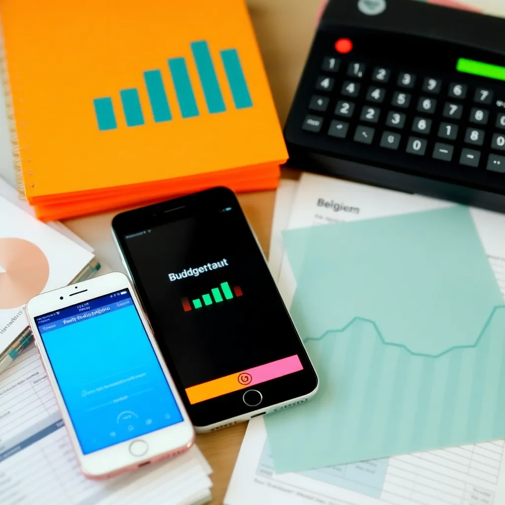 Verschillende budgetteringstools zoals apps en spreadsheets op een bureau